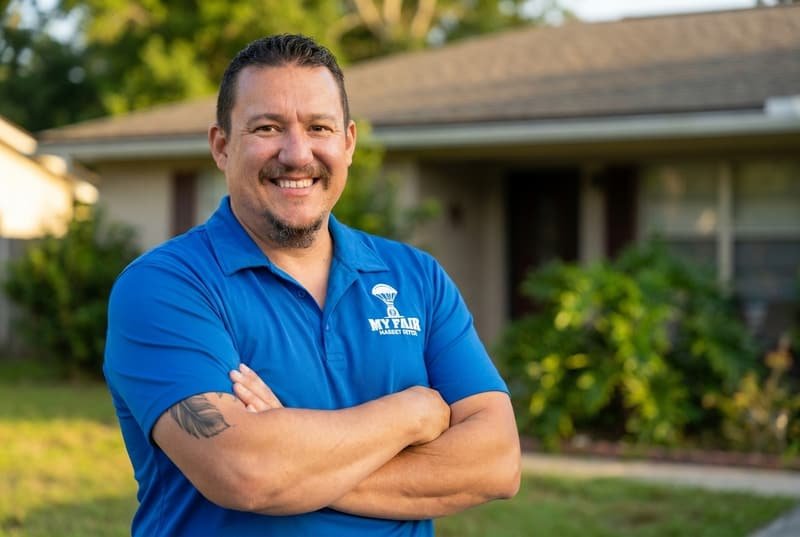 Bryce Spraggins, owner of My Fair Market Offer, in front of a home he is buying for cash in Jacksonville FL