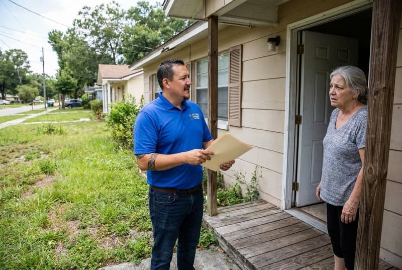 Bryce Spraggins talking with a Jacksonville FL homeowner about stopping foreclosure on her home