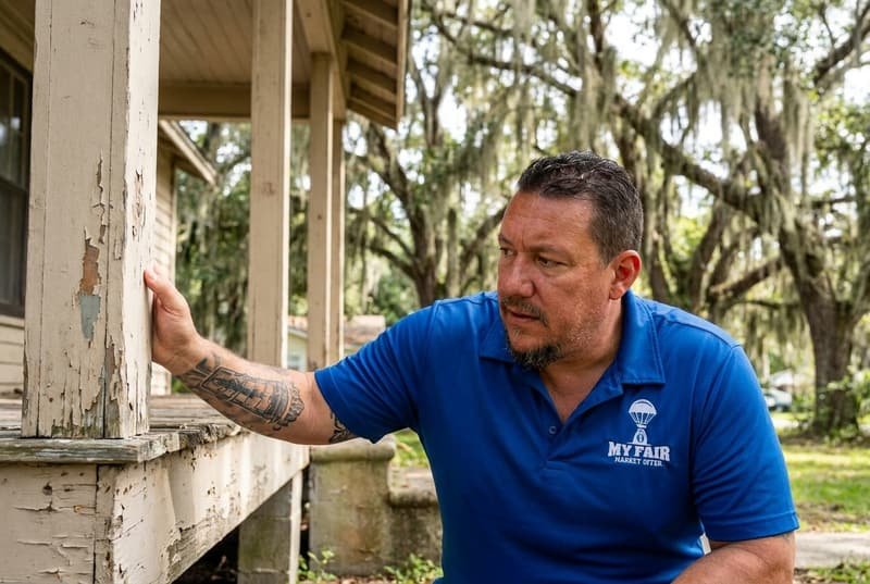 Bryce Spraggins of My Fair Market Offer checking the foundation of a wood-frame bungalow in Jacksonville FL