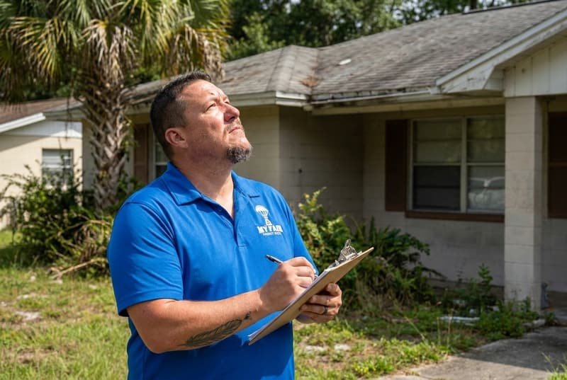 Bryce Spraggins of My Fair Market Offer inspecting a ranch home before a cash offer in Jacksonville FL