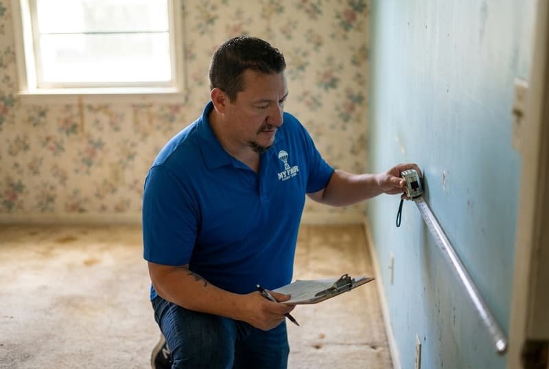 Bryce Spraggins measuring a room while estimating repairs for a cash offer in Jacksonville FL