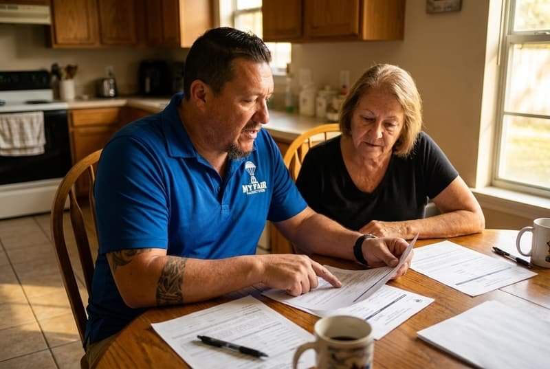 Bryce Spraggins of My Fair Market Offer reviewing seller financing paperwork with a Jacksonville FL homeowner