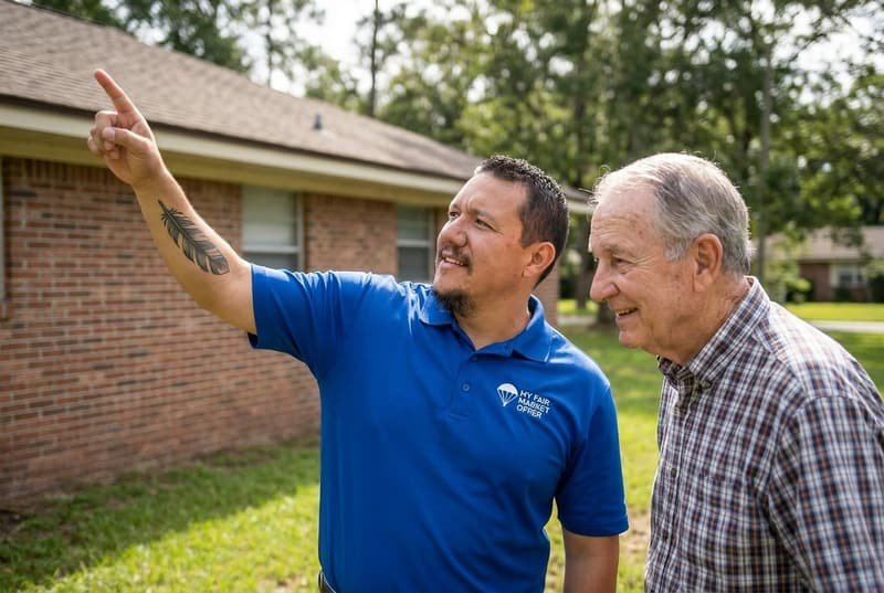 Bryce Spraggins showing a Jacksonville FL homeowner around his property before a cash offer