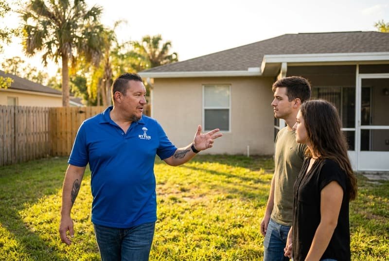 Bryce Spraggins of My Fair Market Offer walking a Jacksonville FL property with home sellers